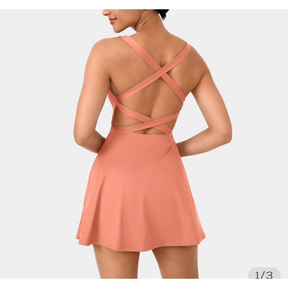 Halara Crisscross Backless Plain 2-Piece Flared Dress Coral